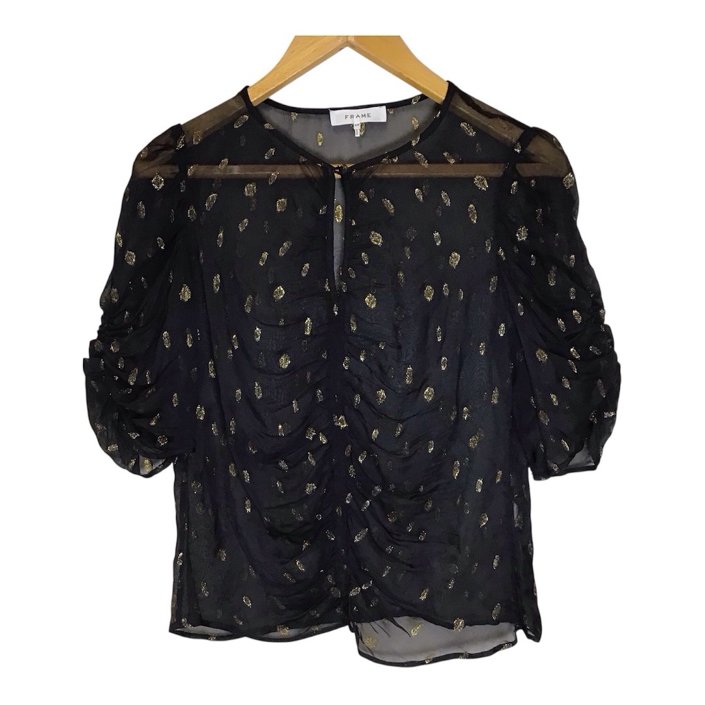 FRAME S/P Black Sheer Top Metallic Gold Detail Keyhole Witchy Whimsigoth Holiday